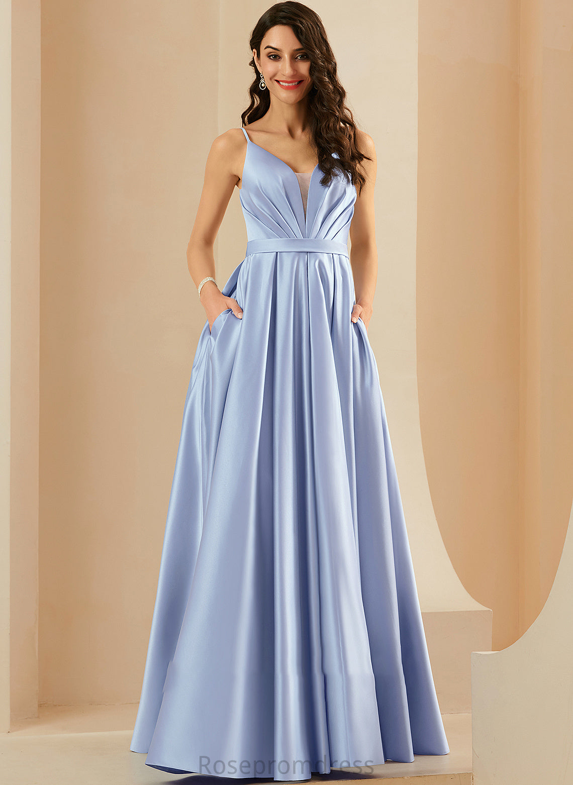 Floor-Length With V-neck Prom Dresses Pockets Satin Ruffle Kylee Ball-Gown/Princess