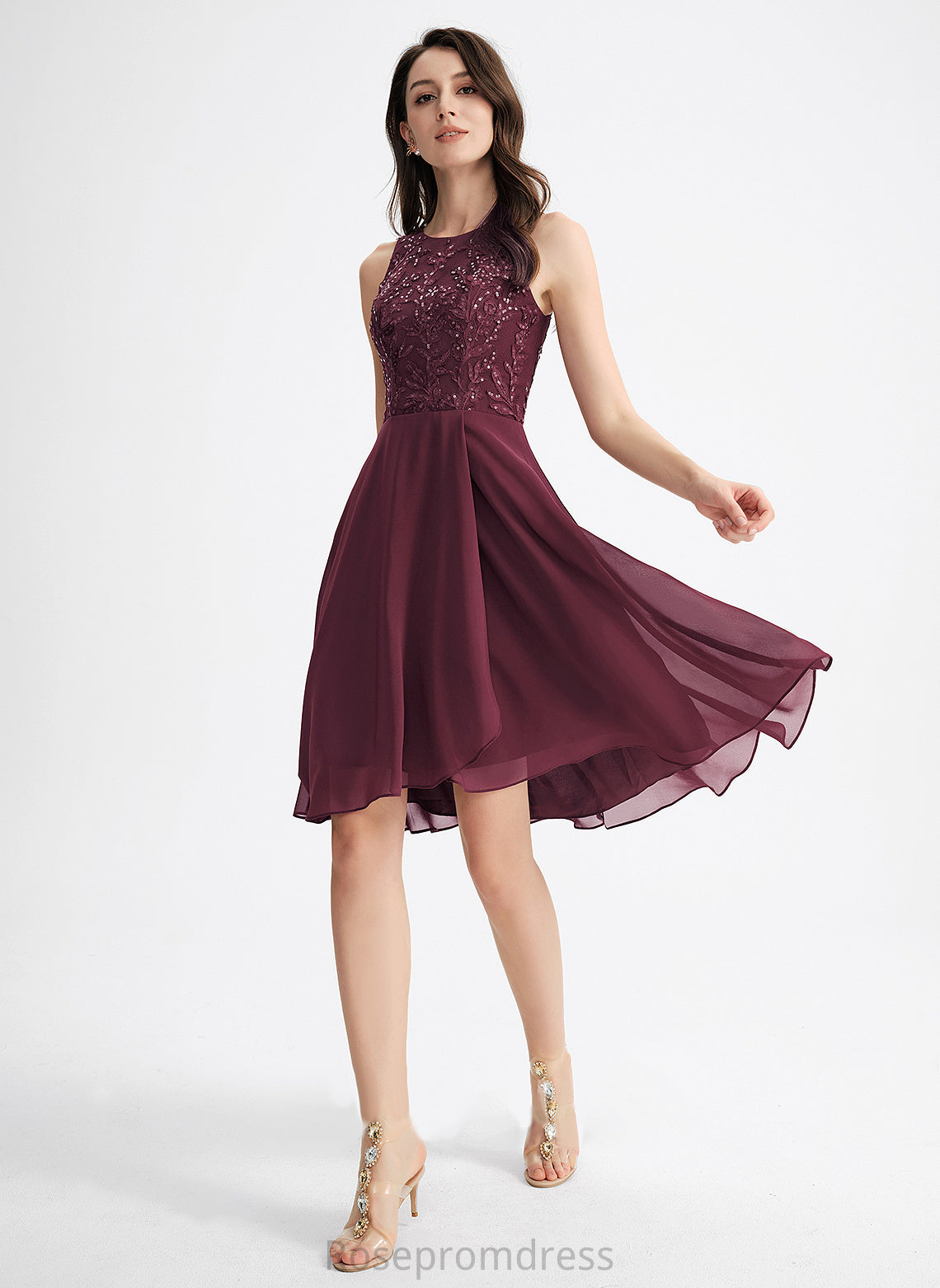 Cocktail Neck Scoop Cocktail Dresses With Sequins Lace Chiffon Asymmetrical Dress A-Line Londyn