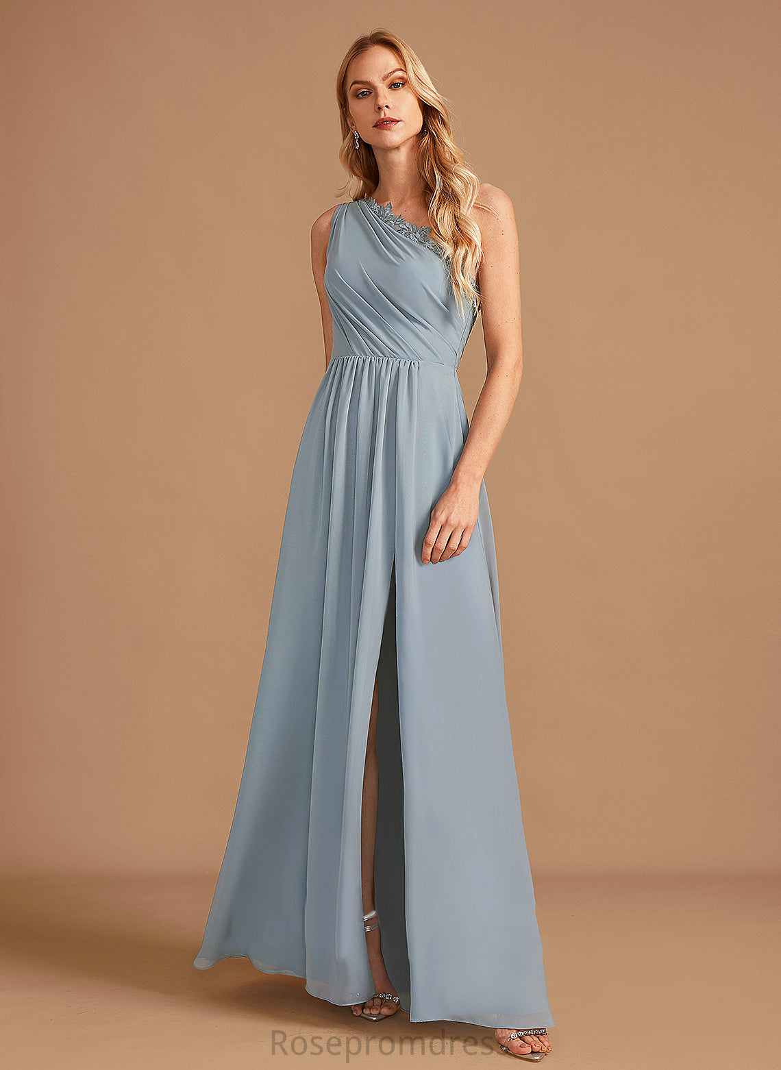 One-Shoulder Neckline Sequins Silhouette A-Line Lace Length Fabric Embellishment Floor-Length Chelsea Natural Waist Bridesmaid Dresses