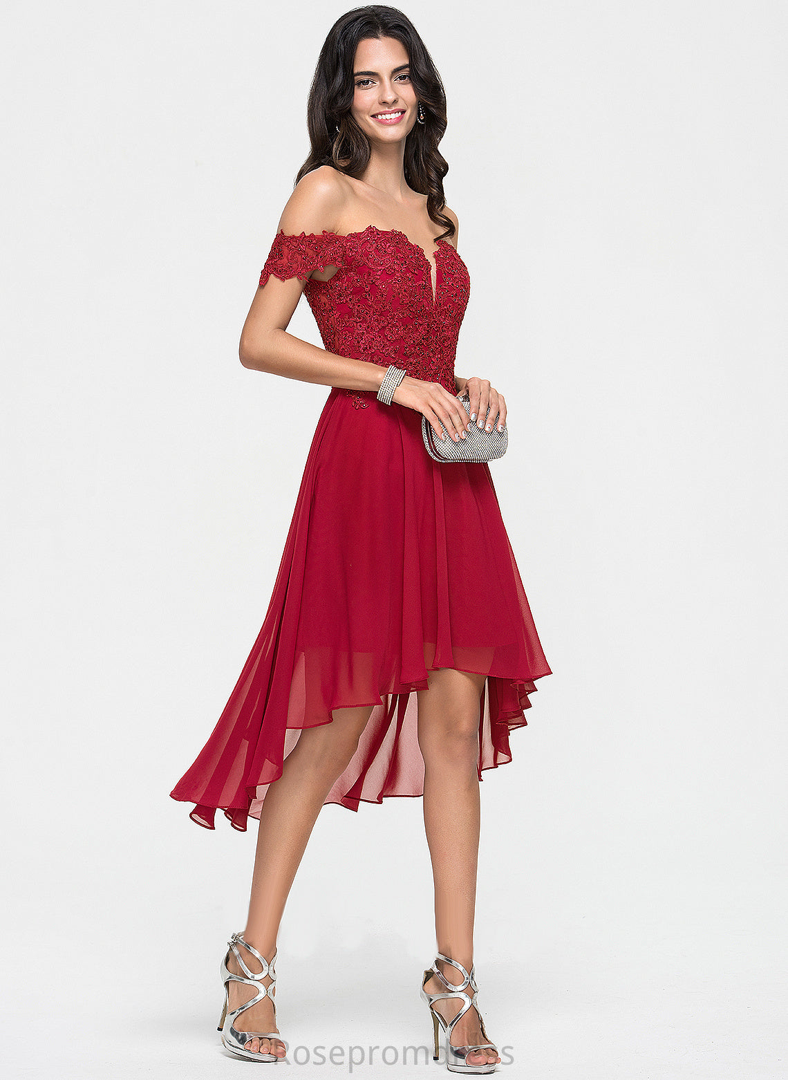 A-Line Chiffon Asymmetrical Lace Noelle Homecoming Dresses Homecoming Beading Off-the-Shoulder With Dress