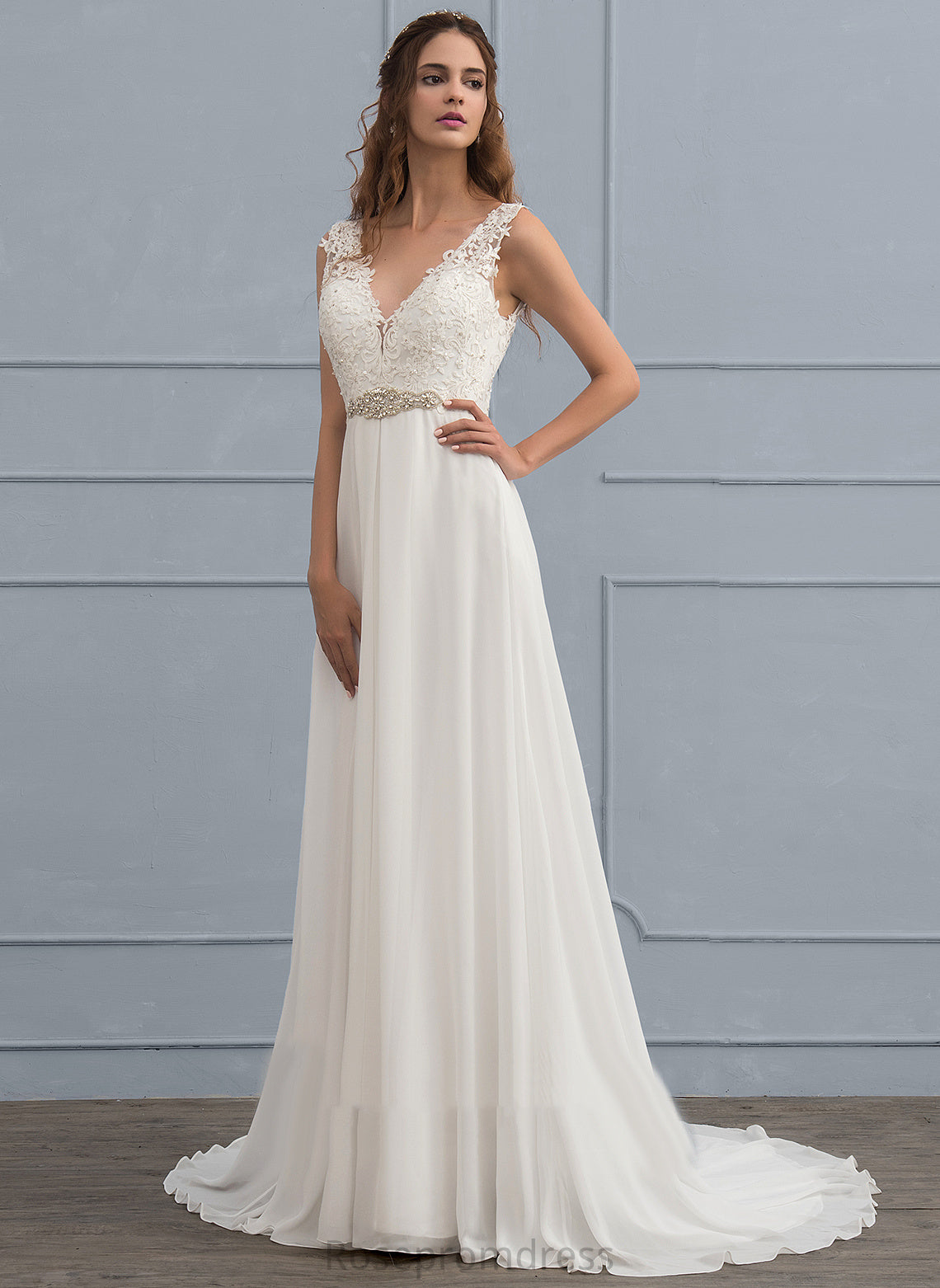 Chiffon Wedding Dresses Beading Court Train Sequins Dress A-Line Kaitlynn With Lace V-neck Wedding