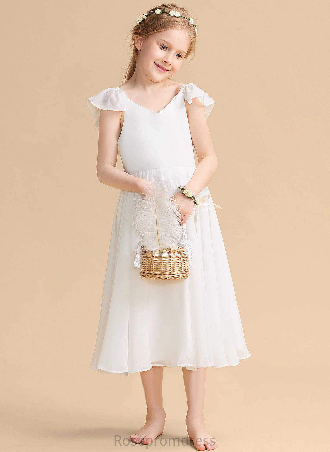 Chiffon/Satin Tea-length Girl V-neck - Flower Sleeveless Dress A-Line Pauline Flower Girl Dresses