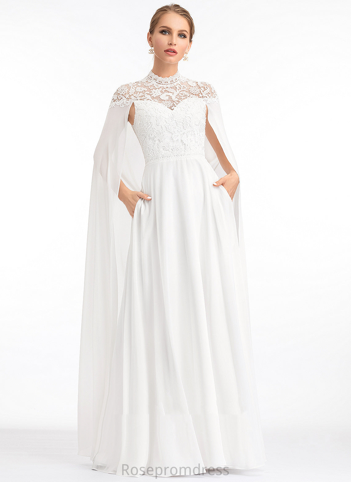 Lace Chiffon Floor-Length Neck Kaiya High Wedding Dresses A-Line Wedding Dress