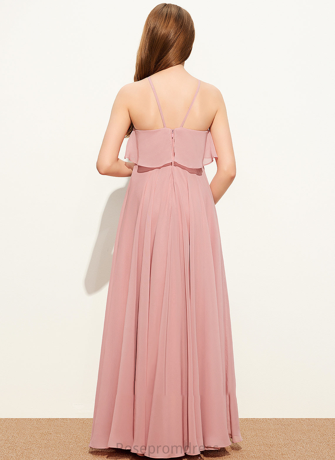 Floor-Length Sanai Ruffles Junior Bridesmaid Dresses Square Cascading Chiffon With A-Line Neckline