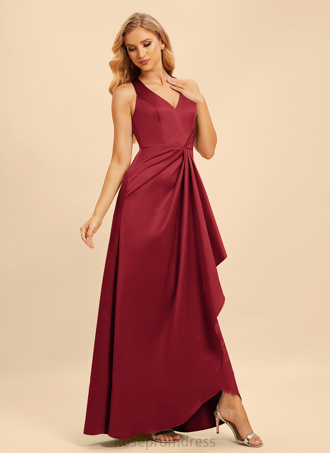 Fabric Ruffle Embellishment SplitFront V-neck A-Line Floor-Length Neckline Silhouette Length Delaney Natural Waist Bridesmaid Dresses