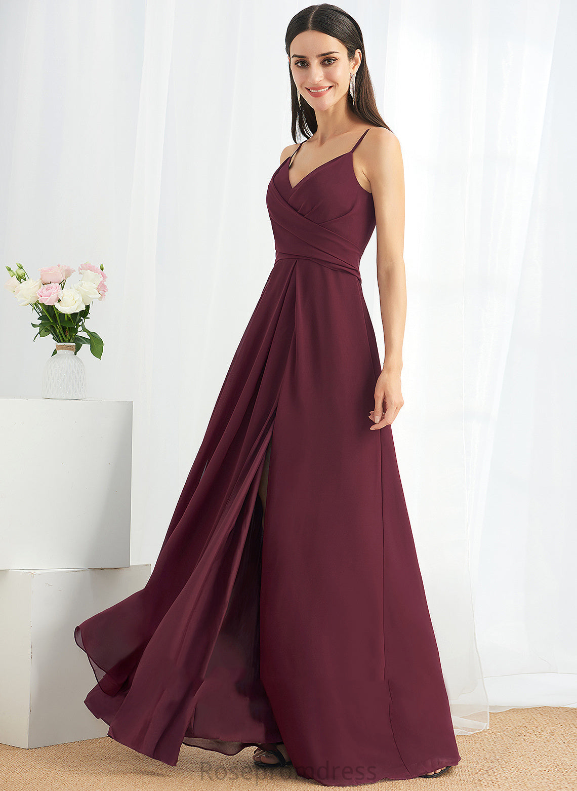 SplitFront Ruffle A-Line Neckline Silhouette Fabric V-neck Floor-Length Embellishment Length Brooklyn Natural Waist Bridesmaid Dresses