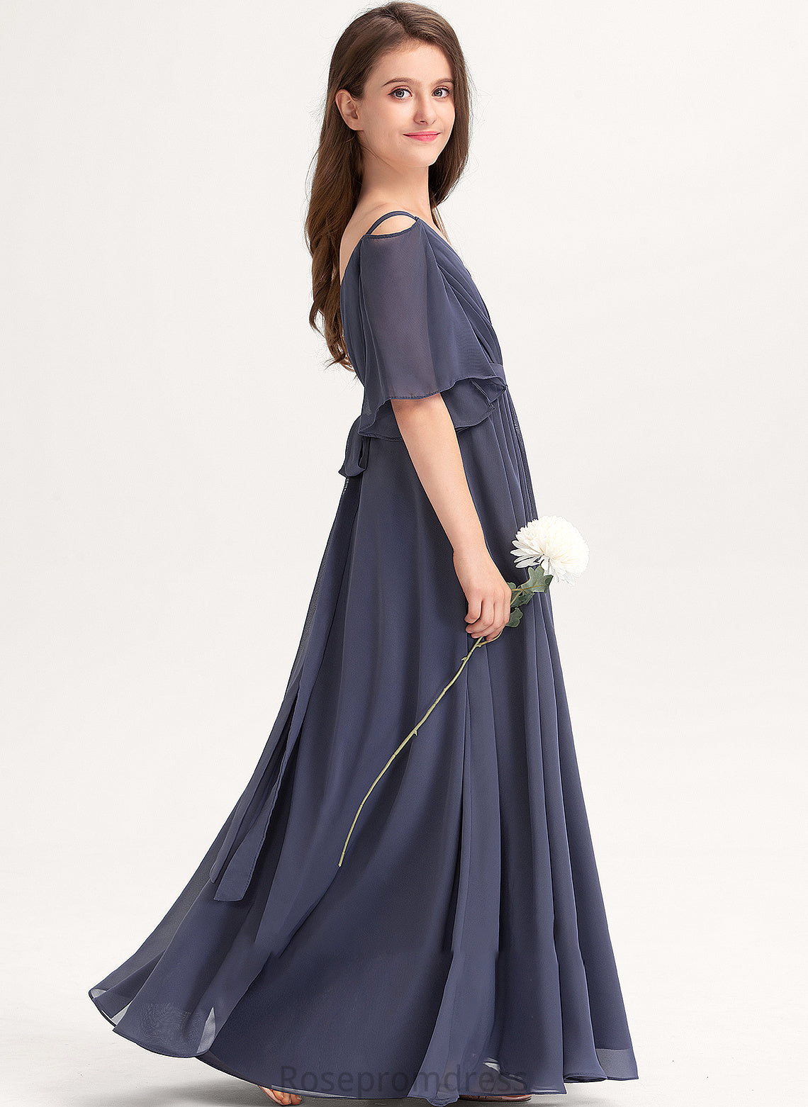 Bow(s) Junior Bridesmaid Dresses Off-the-Shoulder Floor-Length Ruffle Lilith With Chiffon A-Line