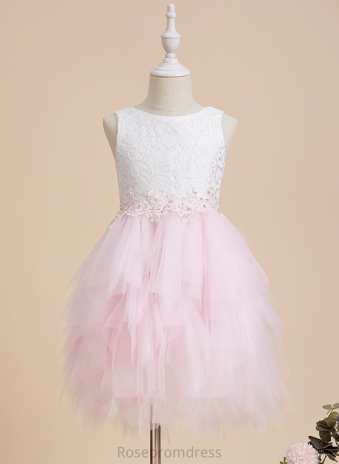 Lace/Beading/Sequins/V Flower Flower Girl Dresses Neck Sleeveless Back With Tulle/Lace Dress Knee-length Quinn Scoop Ball-Gown/Princess Girl