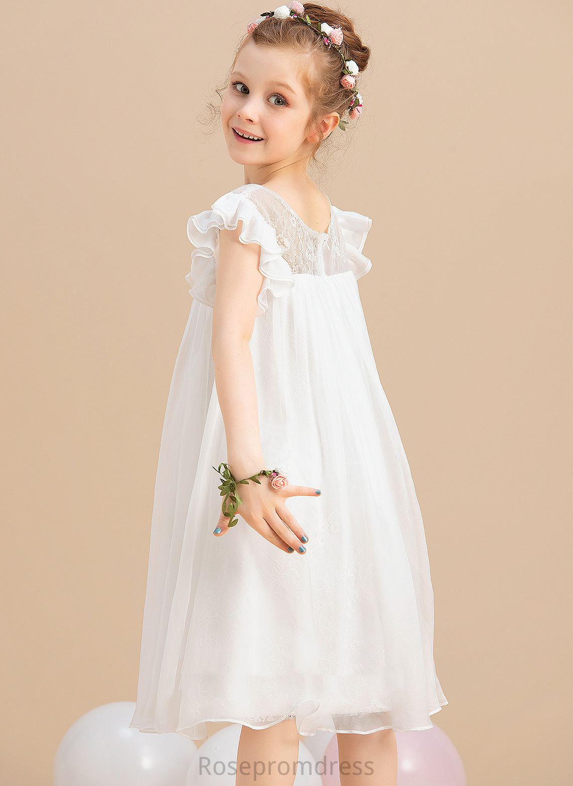 Sleeves Dress Flower Girl Dresses Girl With Scoop Chiffon A-Line - Short Neck Knee-length Nataly Flower Lace