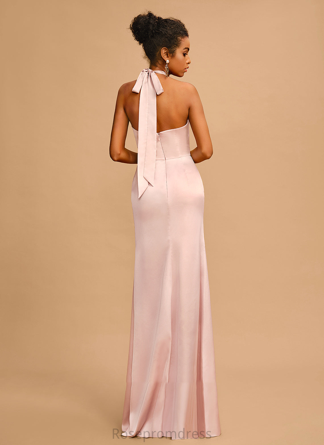 Satin Halter Floor-Length With Bow(s) Sheath/Column Lilly Prom Dresses