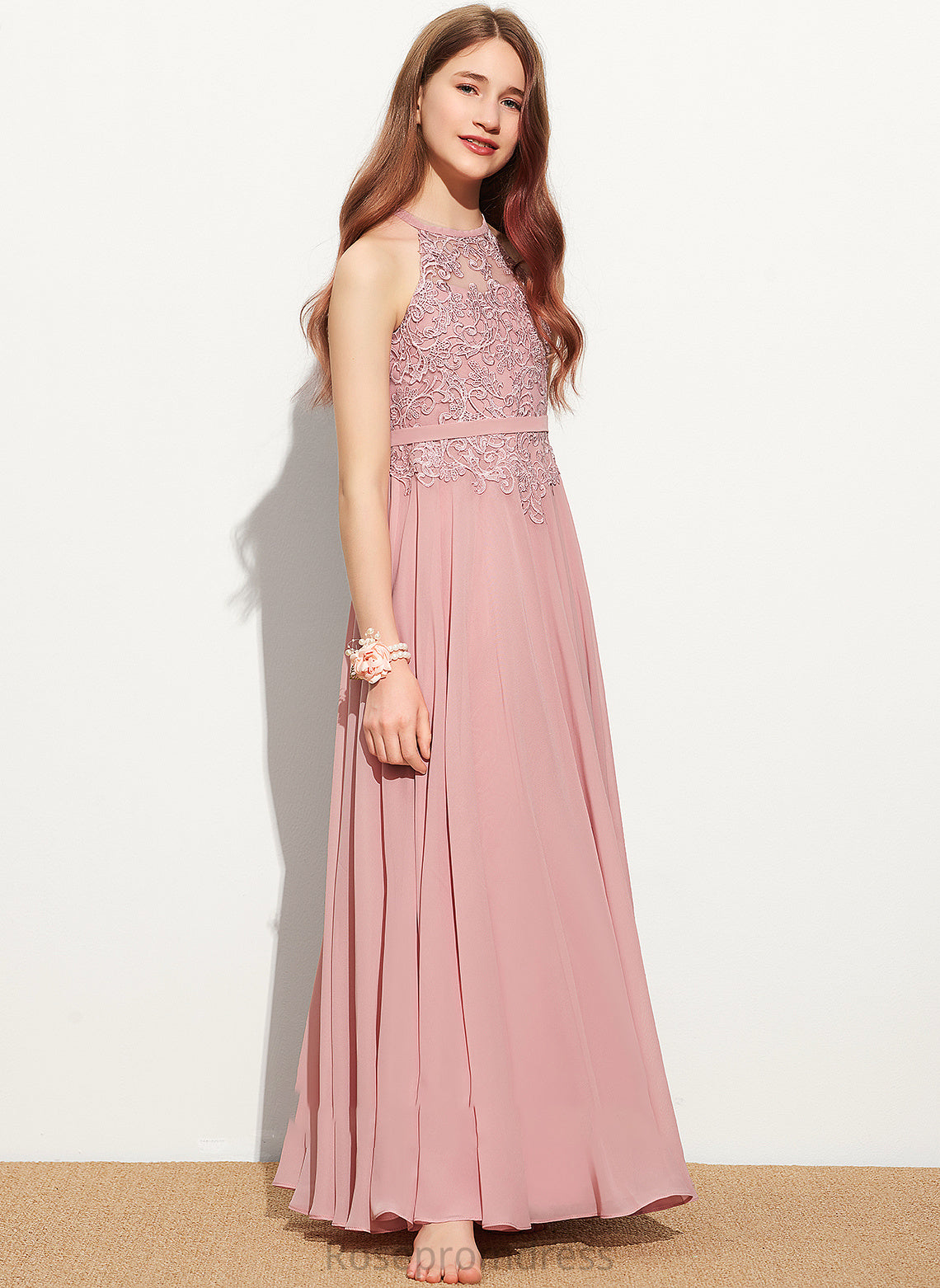 Junior Bridesmaid Dresses Floor-Length Hanna Chiffon Scoop Neck Lace A-Line