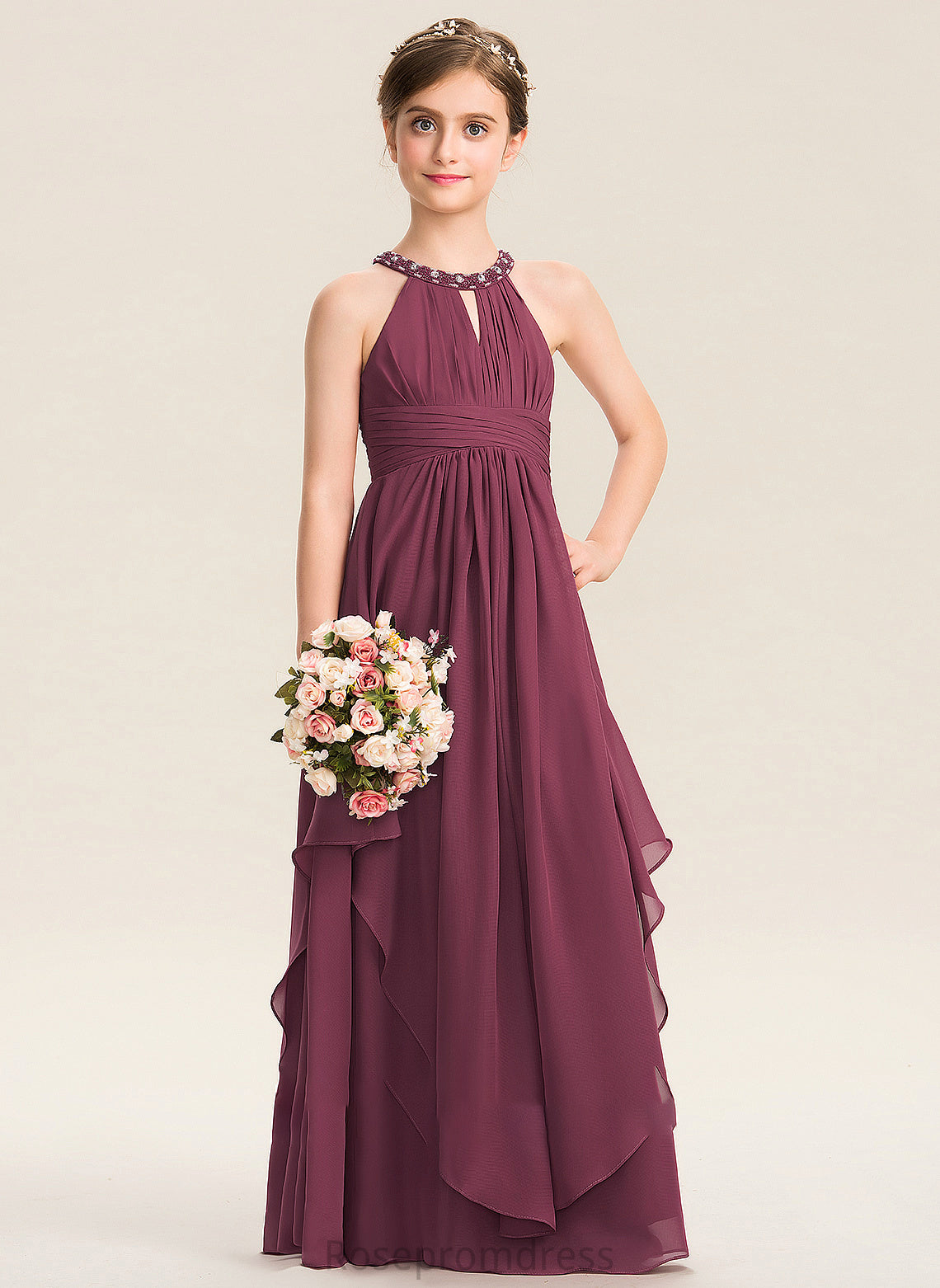 Beading Junior Bridesmaid Dresses Ruffle Jolie Neck With Floor-Length Scoop A-Line Chiffon