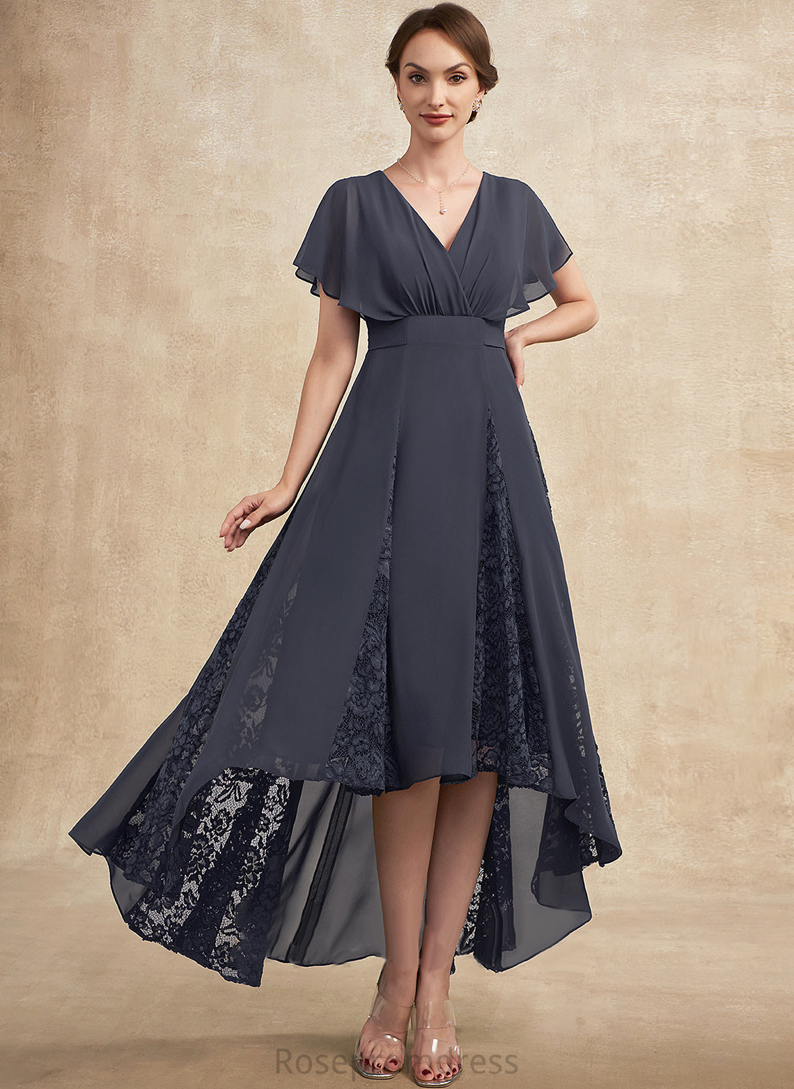 With Dress Asymmetrical Ruffle A-Line Sabrina of Mother Lace V-neck the Mother of the Bride Dresses Chiffon Bride