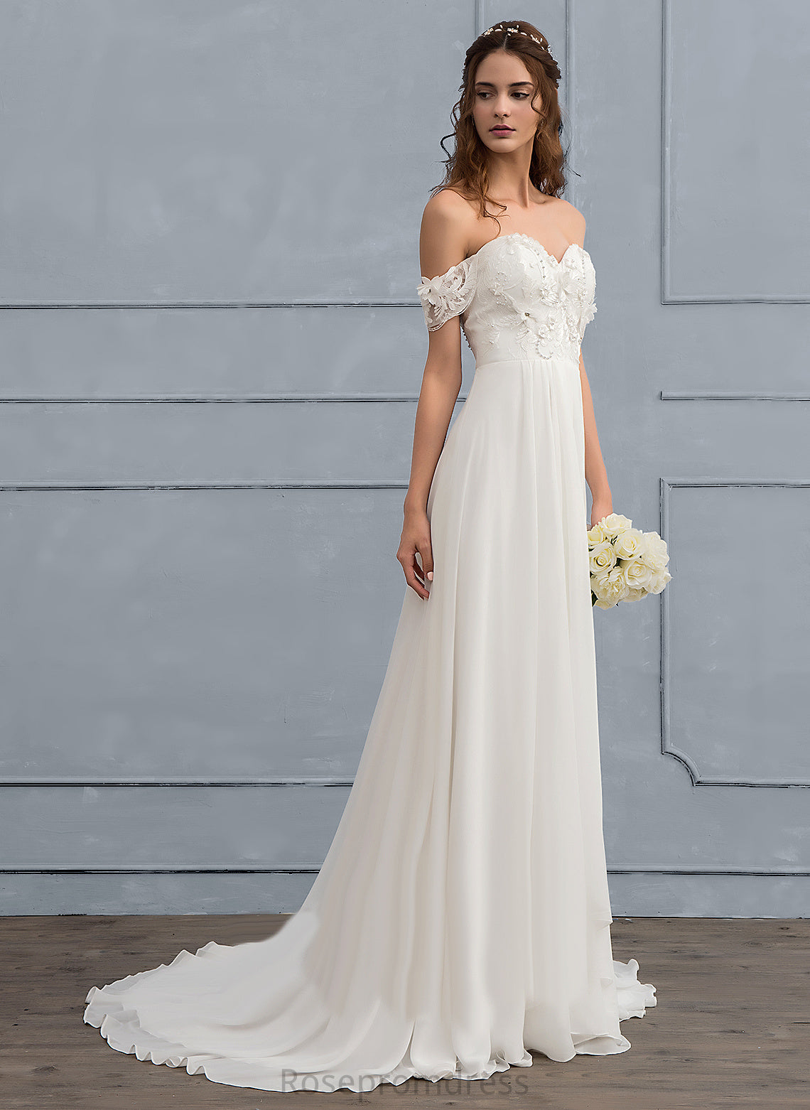 Michaelia Train Lace Flower(s) Sweep Off-the-Shoulder Wedding Dresses Dress Wedding A-Line Chiffon With Beading