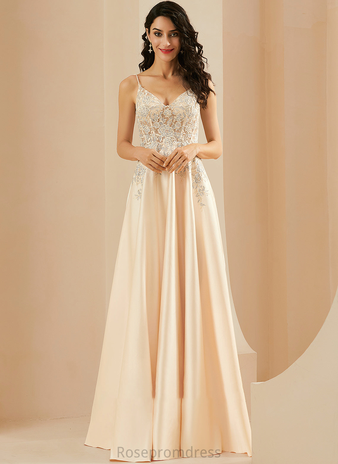 Floor-Length Lily V-neck Satin Lace Prom Dresses With A-Line