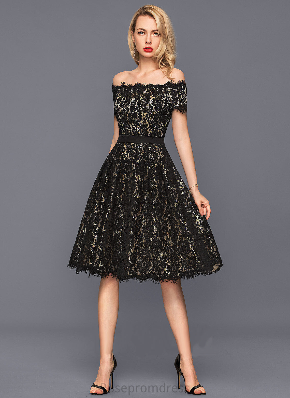 Dress A-Line Lace Cocktail Dresses Knee-Length Cocktail Kaylen Off-the-Shoulder Charmeuse