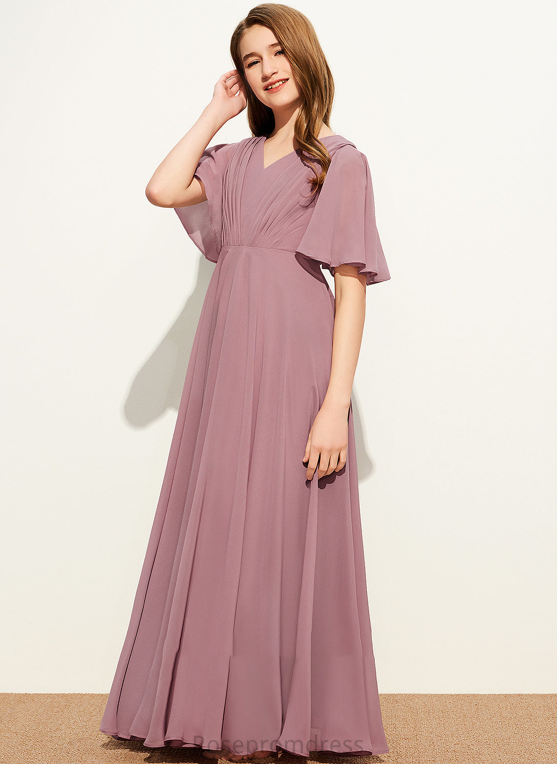 Floor-Length Junior Bridesmaid Dresses With A-Line V-neck Jacquelyn Ruffle Chiffon