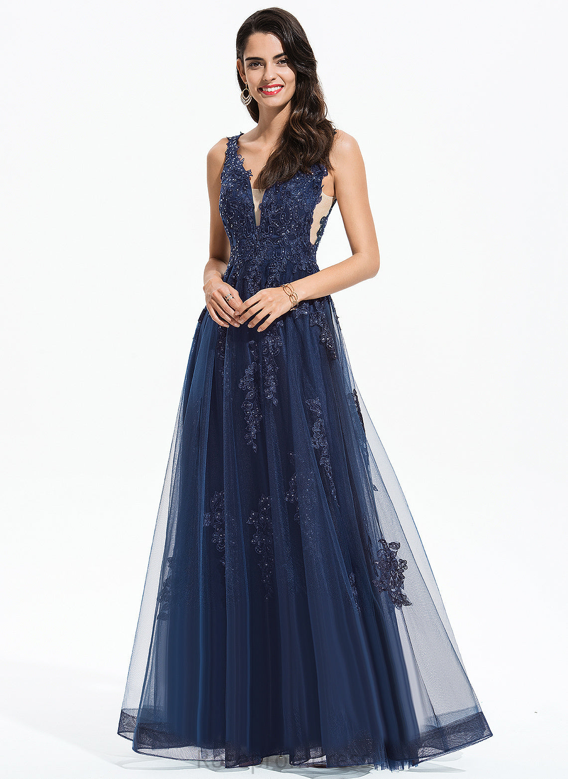 Tulle Sequins Claire Floor-Length With V-neck A-Line Prom Dresses