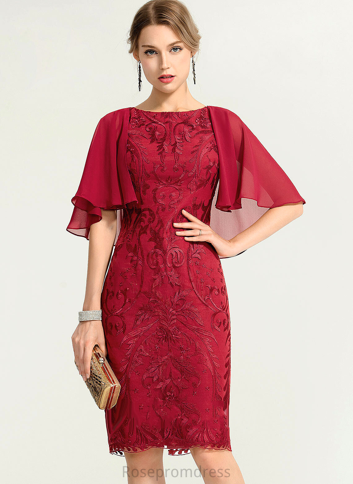 Averi Cocktail Chiffon Knee-Length Scoop Lace Sheath/Column Dress Neck Cocktail Dresses