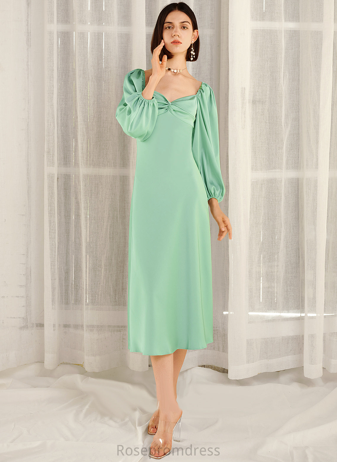 Blends A-line Sleeves Long Elegant Neck Square Dresses Midi Club Dresses Hadassah Cotton