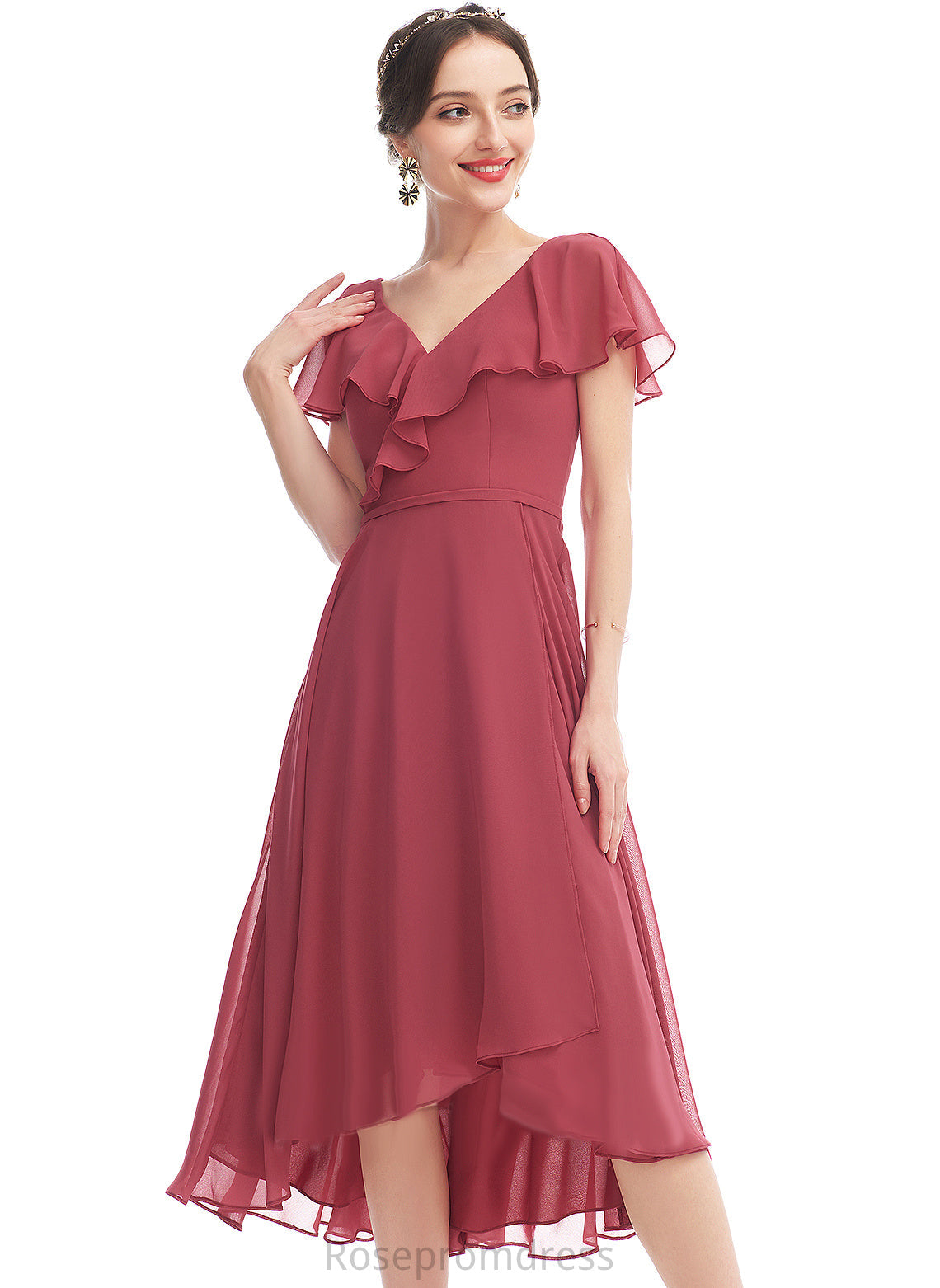 A-Line V-neck Neckline Embellishment Silhouette Asymmetrical Fabric Ruffle Length Alisha Natural Waist Scoop Bridesmaid Dresses