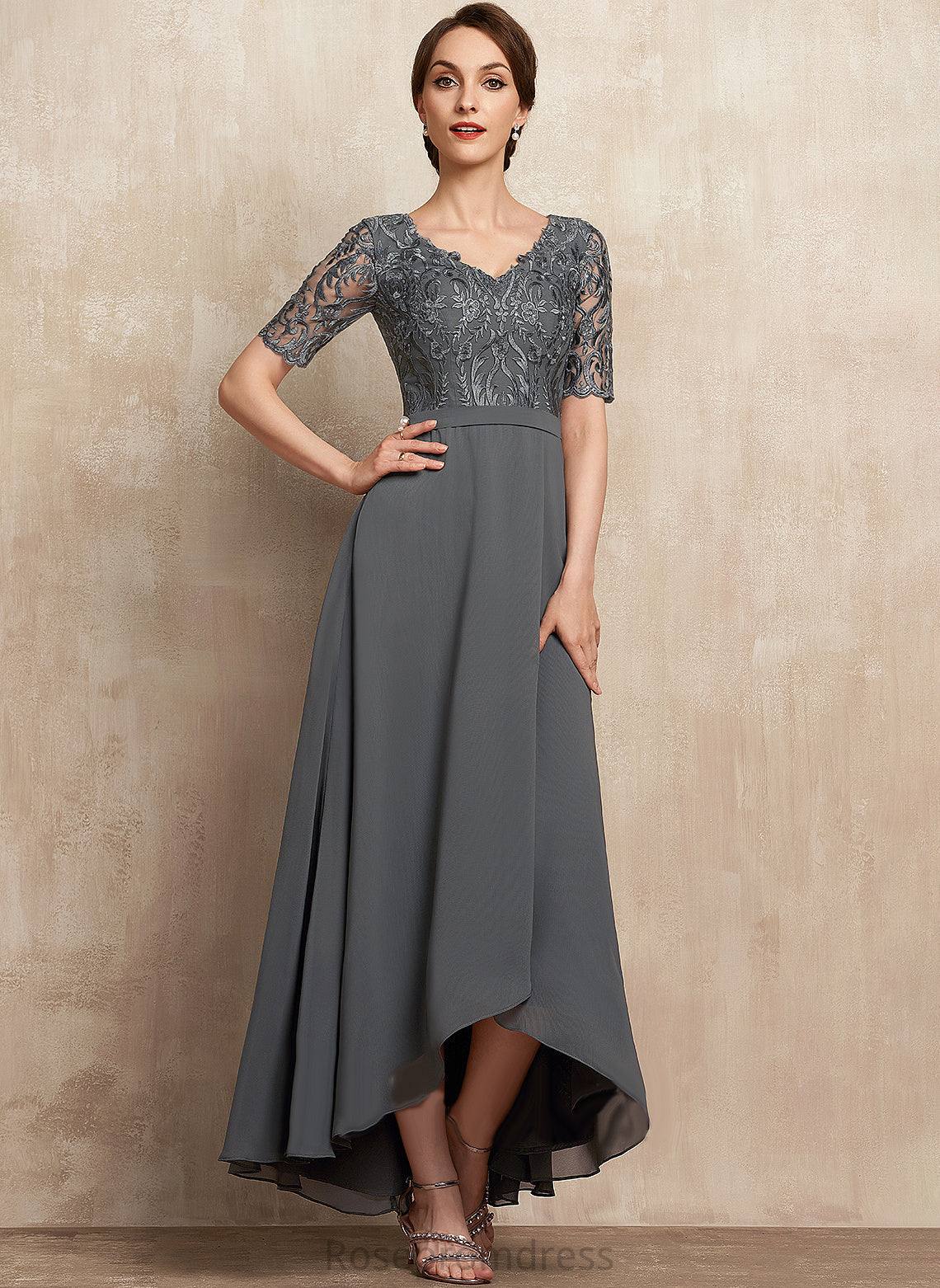 Dress Bride of Princess Mother V-neck the Chiffon A-Line Lace Asymmetrical Mother of the Bride Dresses