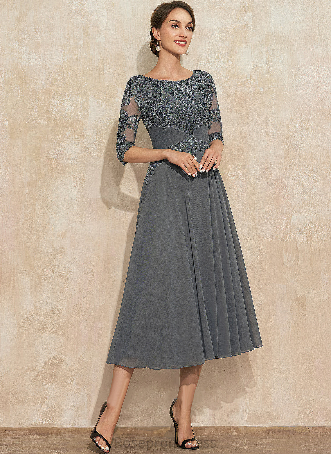 Mother of the Bride Dresses A-Line Mother Tea-Length Chiffon the Scoop Neck Dress With Elle of Sequins Bride Lace