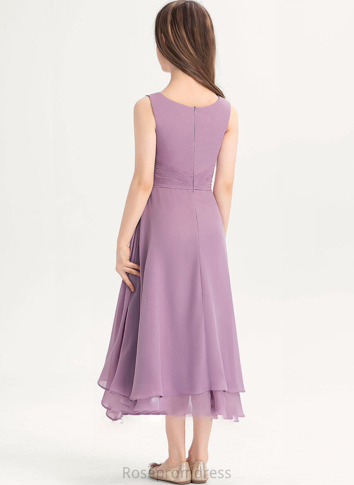 Ruffle Scoop Neck Chiffon Junior Bridesmaid Dresses Tea-Length Aryanna With A-Line