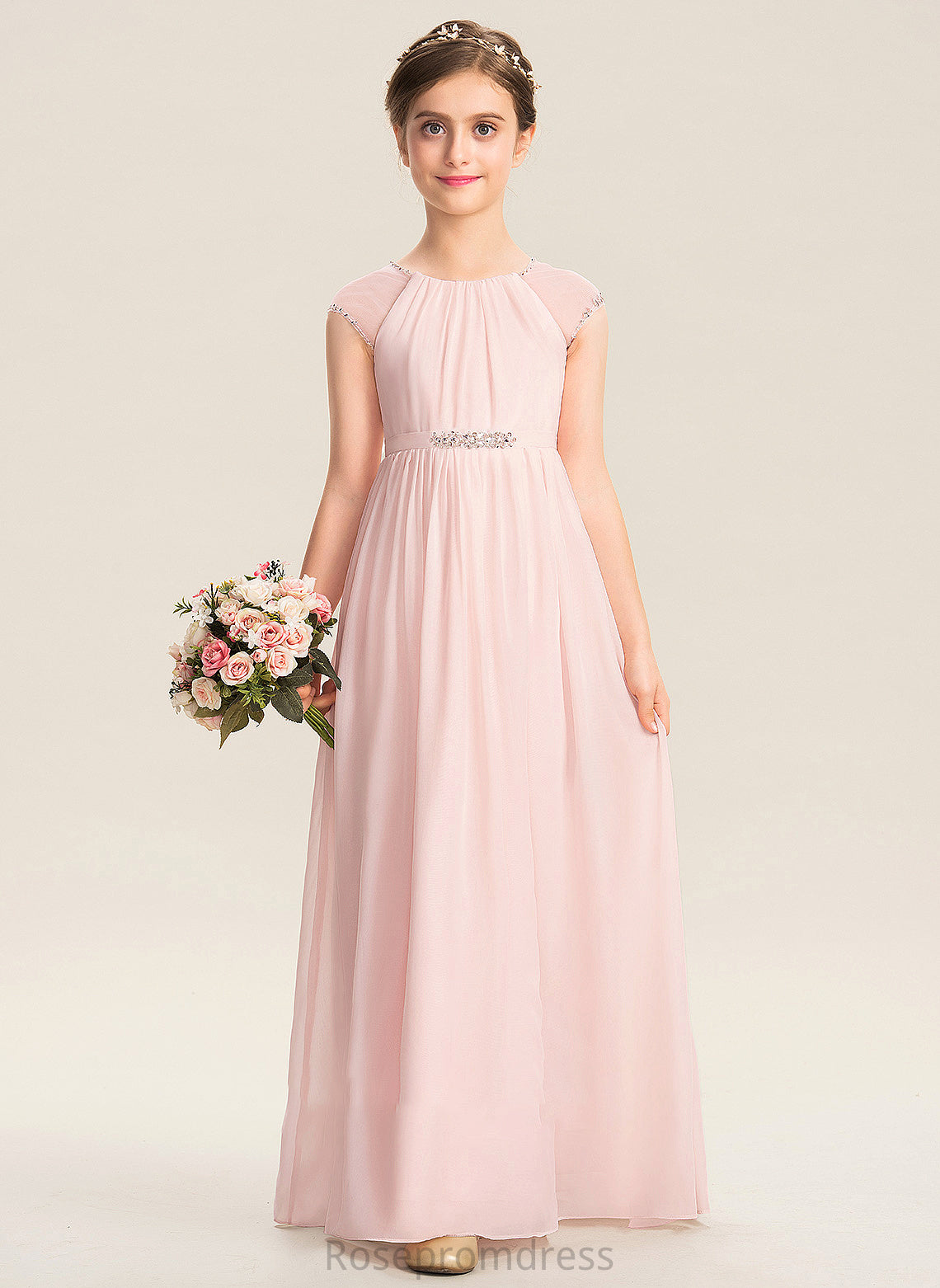 With A-Line Gracelyn Floor-Length Scoop Beading Neck Sequins Chiffon Junior Bridesmaid Dresses