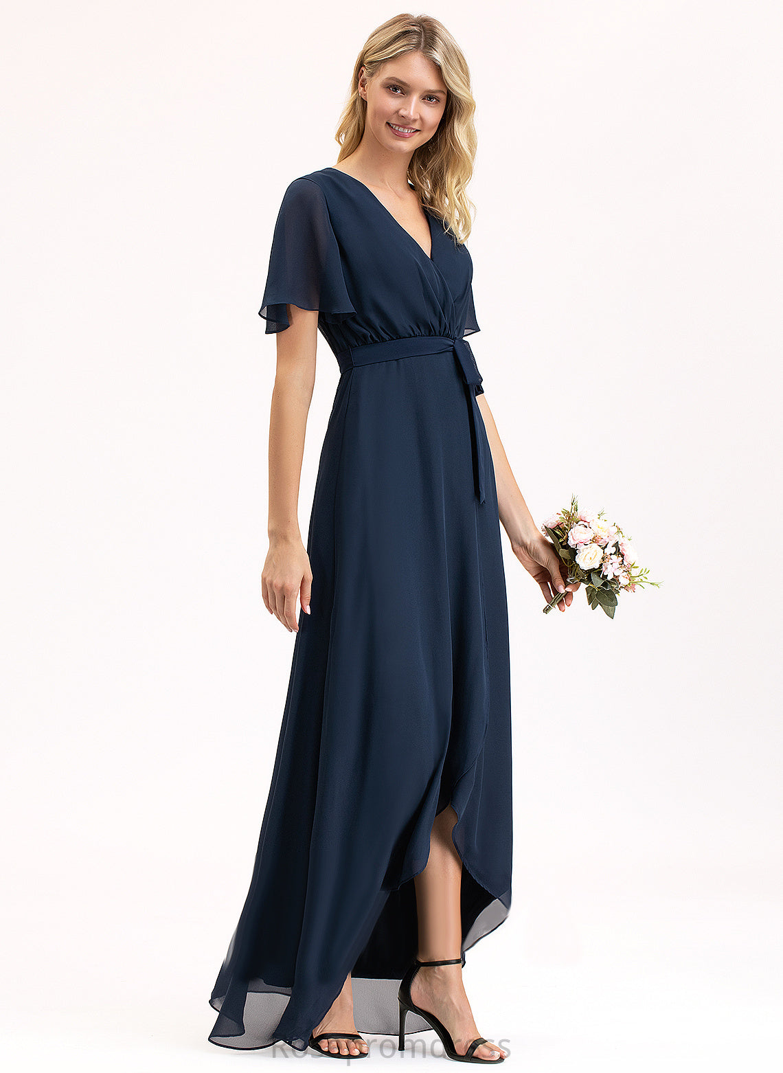 Length Silhouette Embellishment Bow(s) V-neck Neckline Fabric Asymmetrical Pleated A-Line Giada Natural Waist Bridesmaid Dresses