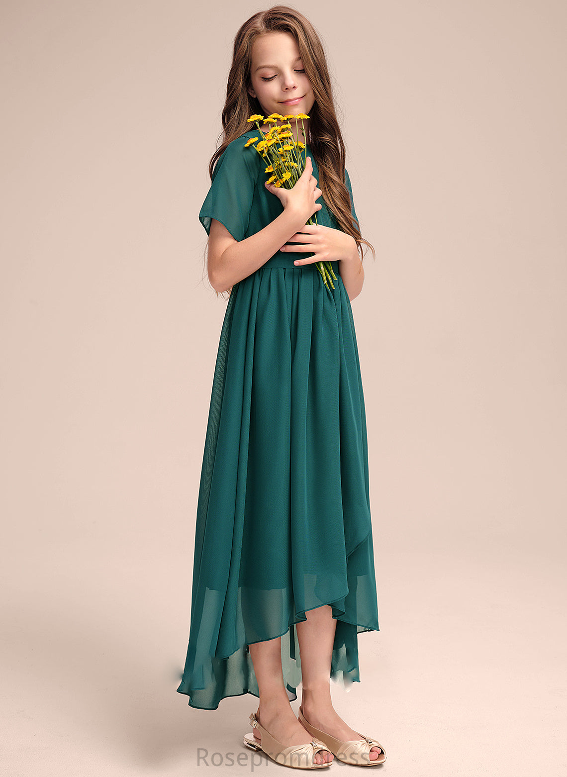 A-Line Bow(s) With Neck Lorelai Junior Bridesmaid Dresses Asymmetrical Chiffon Ruffle Scoop