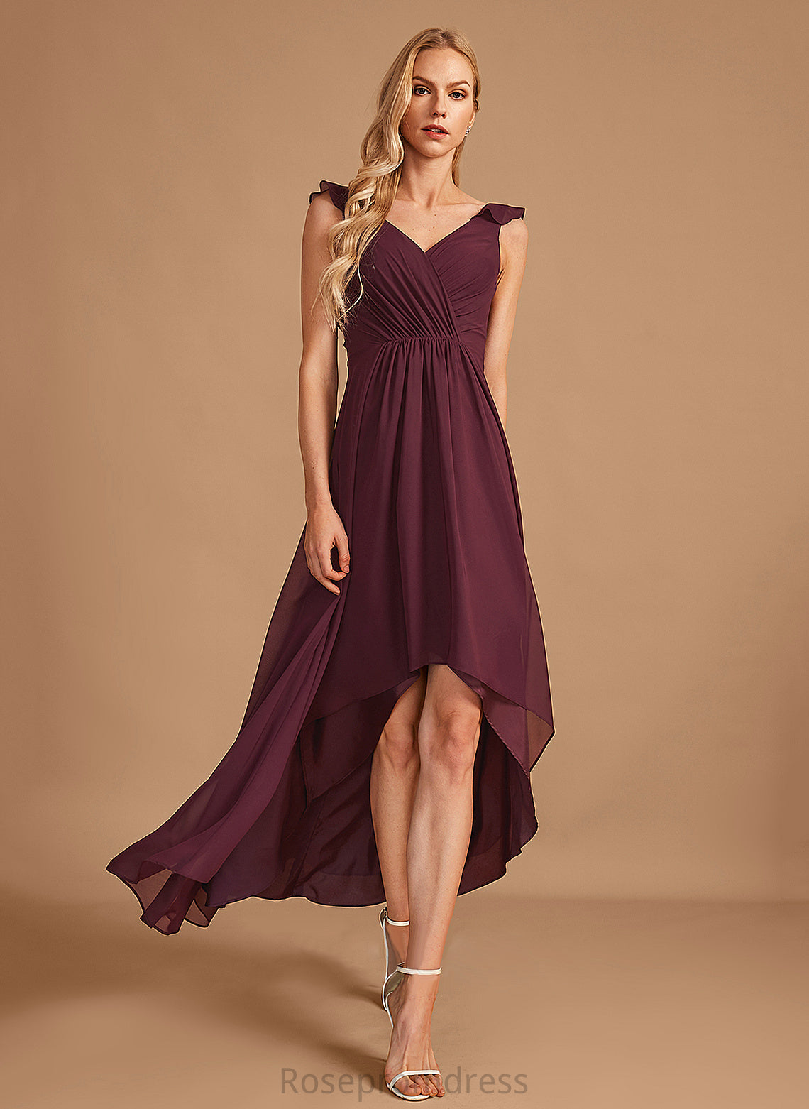 Asymmetrical Ruffle Silhouette Neckline Embellishment Length V-neck A-Line Fabric Mattie Bridesmaid Dresses