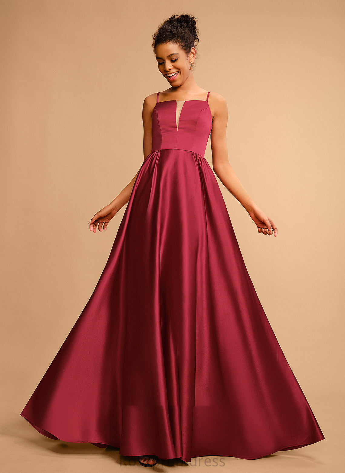 Satin Neckline Scarlet A-Line Square Prom Dresses Floor-Length