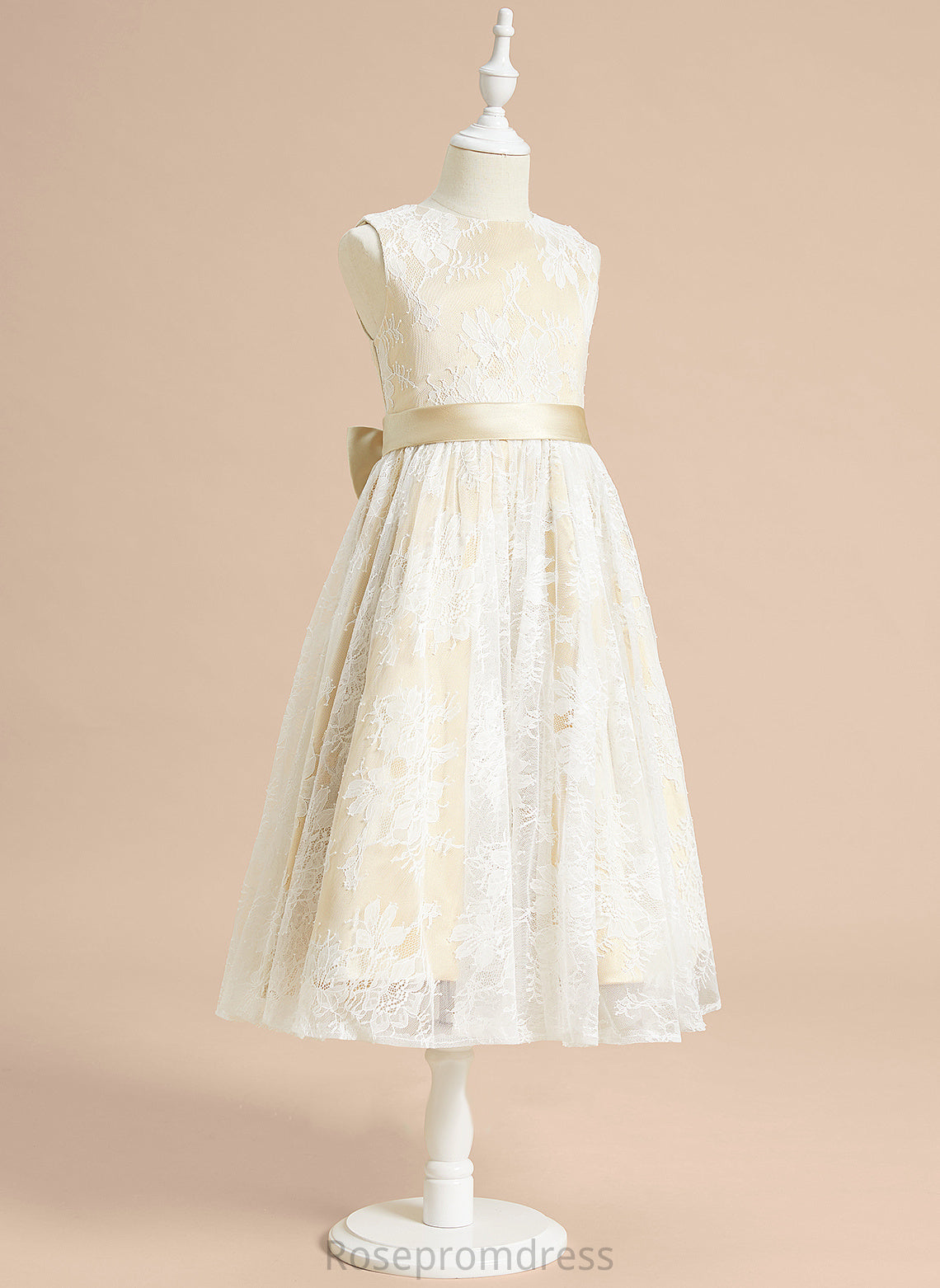 With Bow(s) Girl Neck Flower Dress Sal A-Line Flower Girl Dresses Tea-length Sleeveless Scoop Satin/Lace