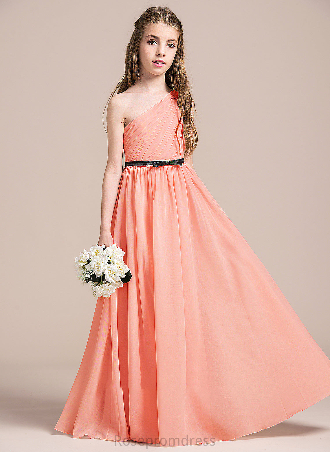 A-Line Junior Bridesmaid Dresses Ruffle Asia One-Shoulder Chiffon Floor-Length With Bow(s)