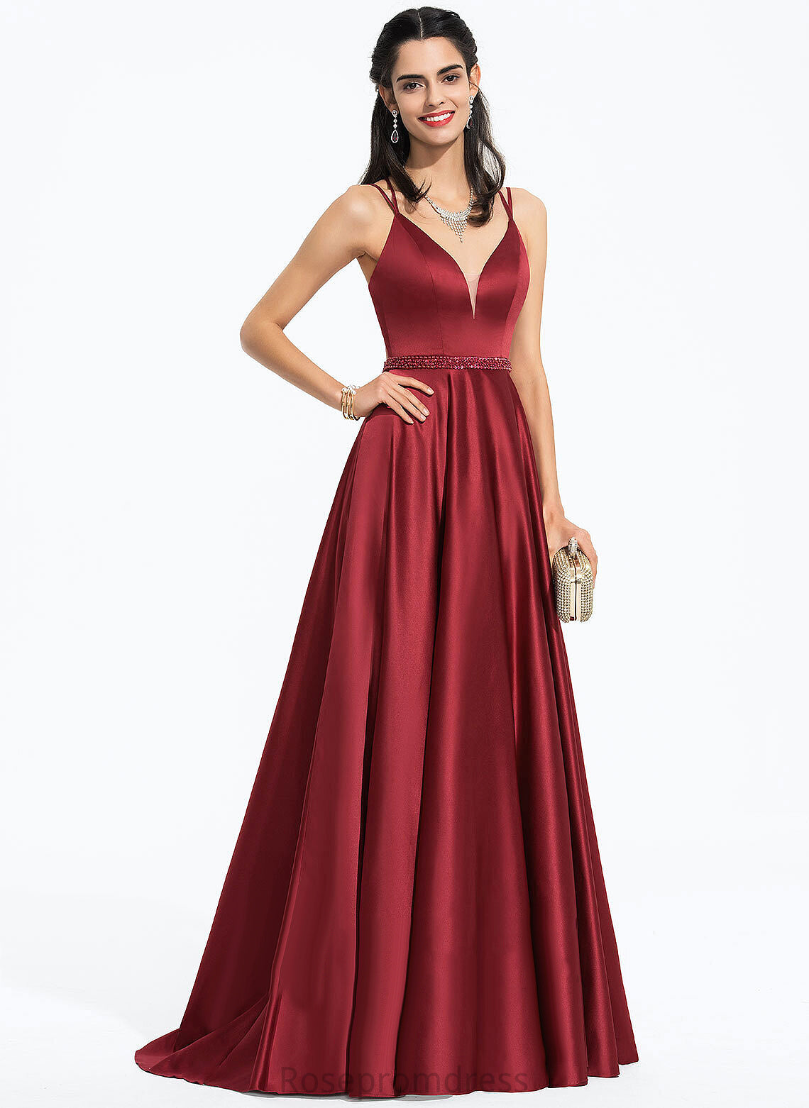 Satin Sequins Prom Dresses Beading With V-neck Train Sweep A-Line Ashtyn