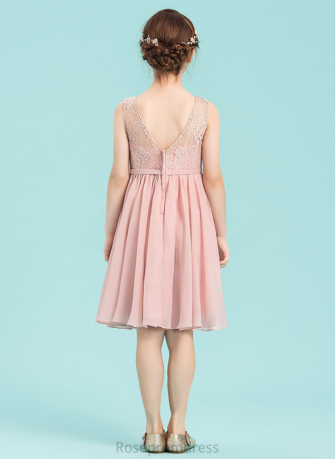 A-Line With Knee-Length Chiffon Bow(s) Junior Bridesmaid Dresses Wendy V-neck