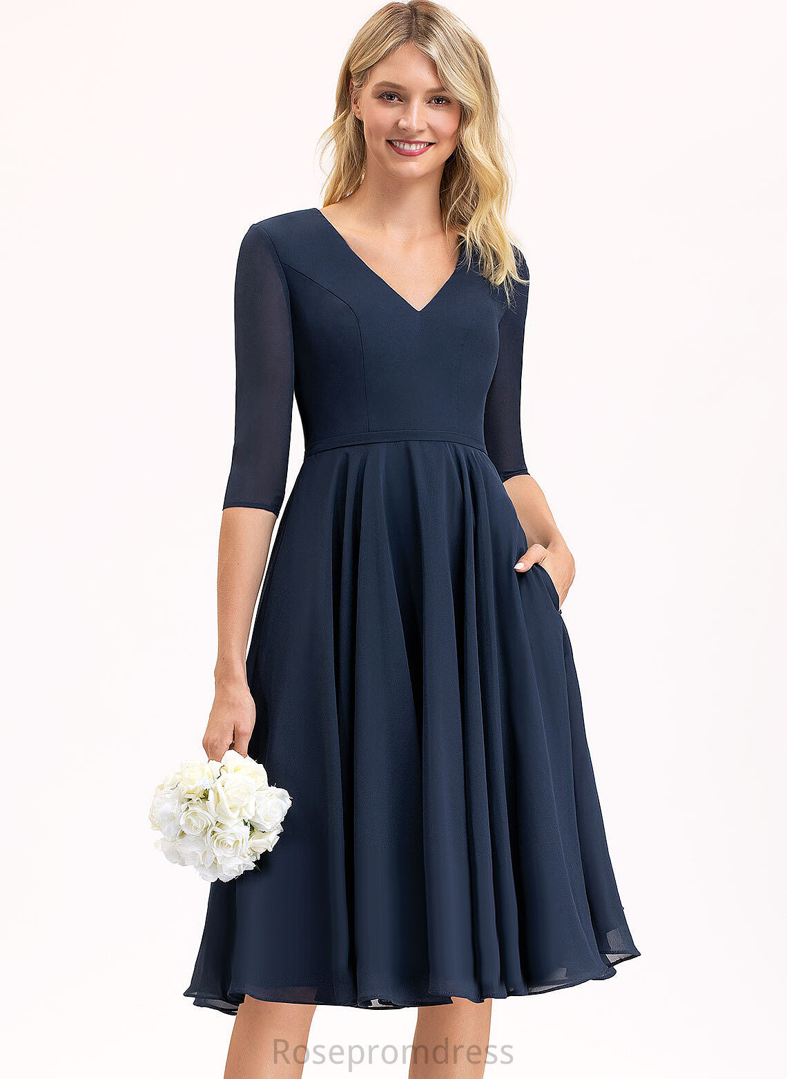 Henrietta A-Line With Cocktail Pockets Chiffon Knee-Length Cocktail Dresses V-neck Dress