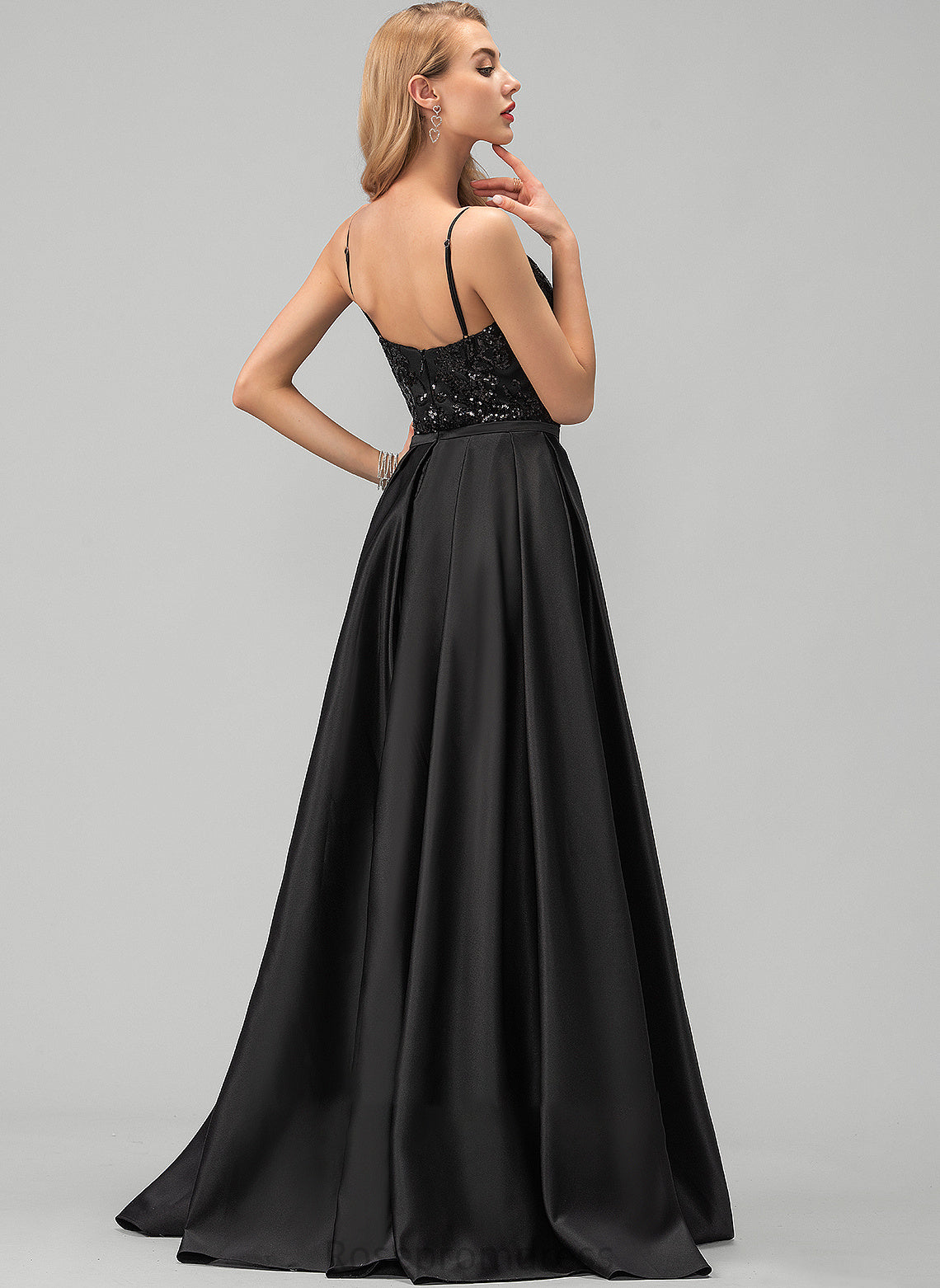 V-neck Satin With Belen Sequins Floor-Length A-Line Prom Dresses