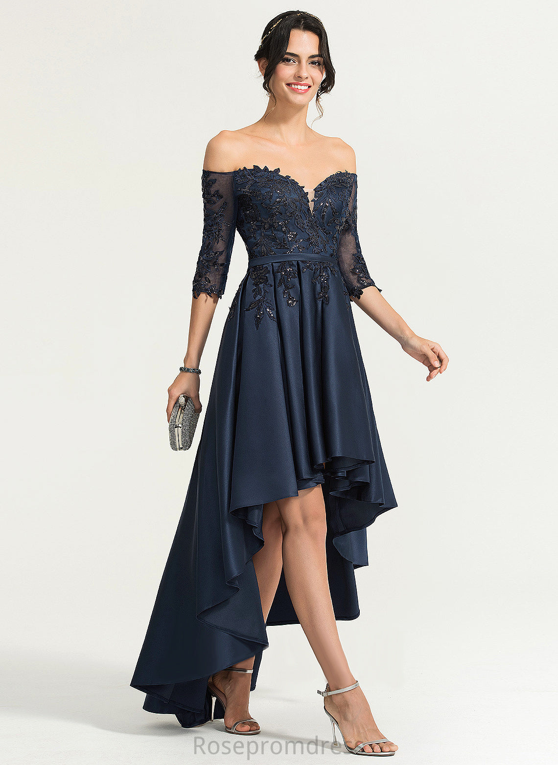 Asymmetrical With Khloe A-Line Sequins Prom Dresses Off-the-Shoulder Lace Satin