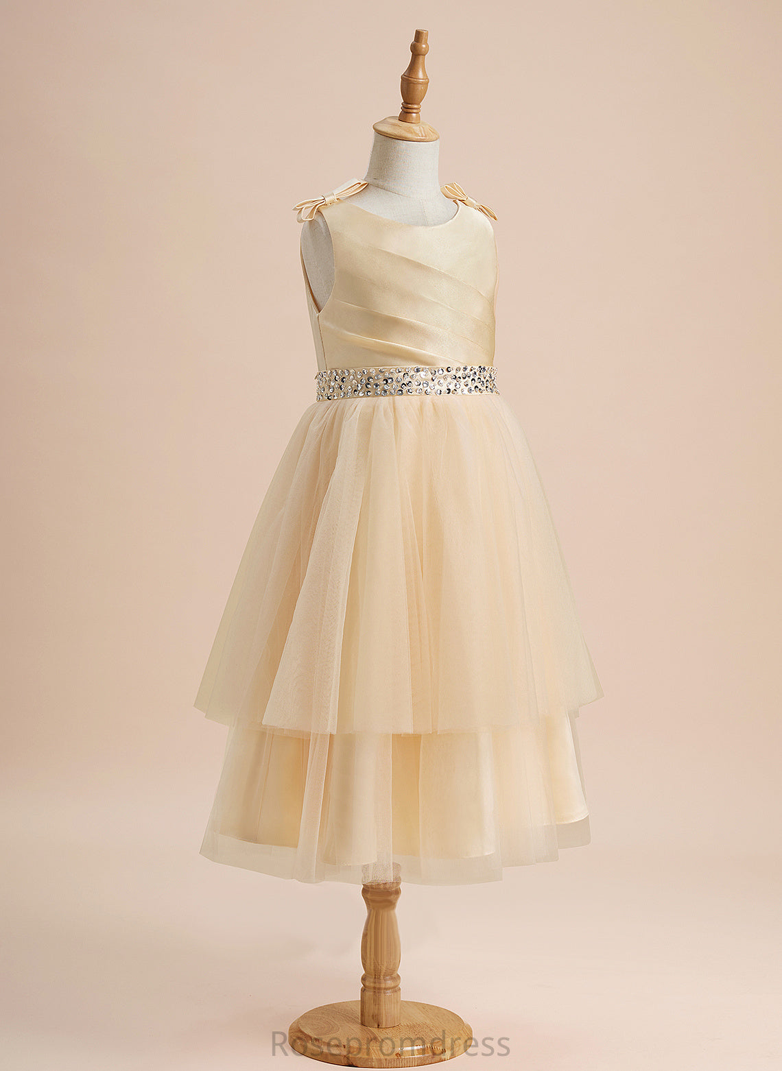 Beading/Sequins/Bow(s) Girl - Ivy Knee-length Sleeveless With Dress A-Line Satin/Tulle Flower Girl Dresses Flower Scoop Neck