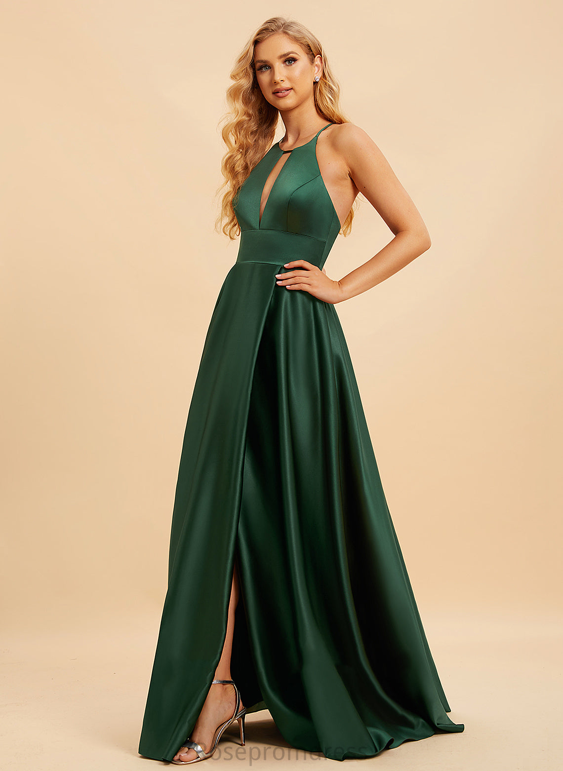 Floor-Length Silhouette HighNeck SplitFront A-Line Length Fabric Embellishment Neckline Adalyn Sleeveless Natural Waist Bridesmaid Dresses