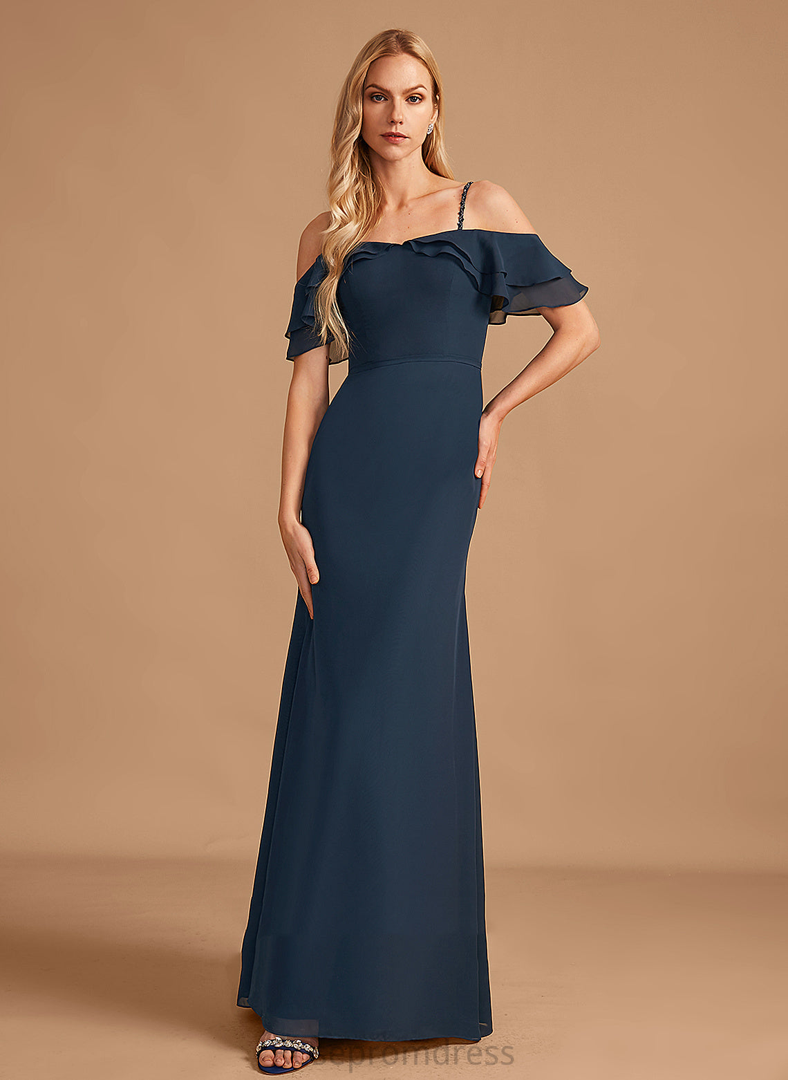 Sheath/Column Beading Off-the-Shoulder Fabric Neckline Ruffle Floor-Length Length Silhouette Embellishment Sasha A-Line/Princess Bridesmaid Dresses