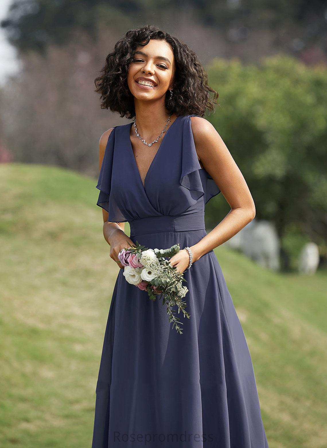 Neckline Straps Fabric Length Floor-Length A-Line V-neck Silhouette Cecilia Halter A-Line/Princess Floor Length Bridesmaid Dresses