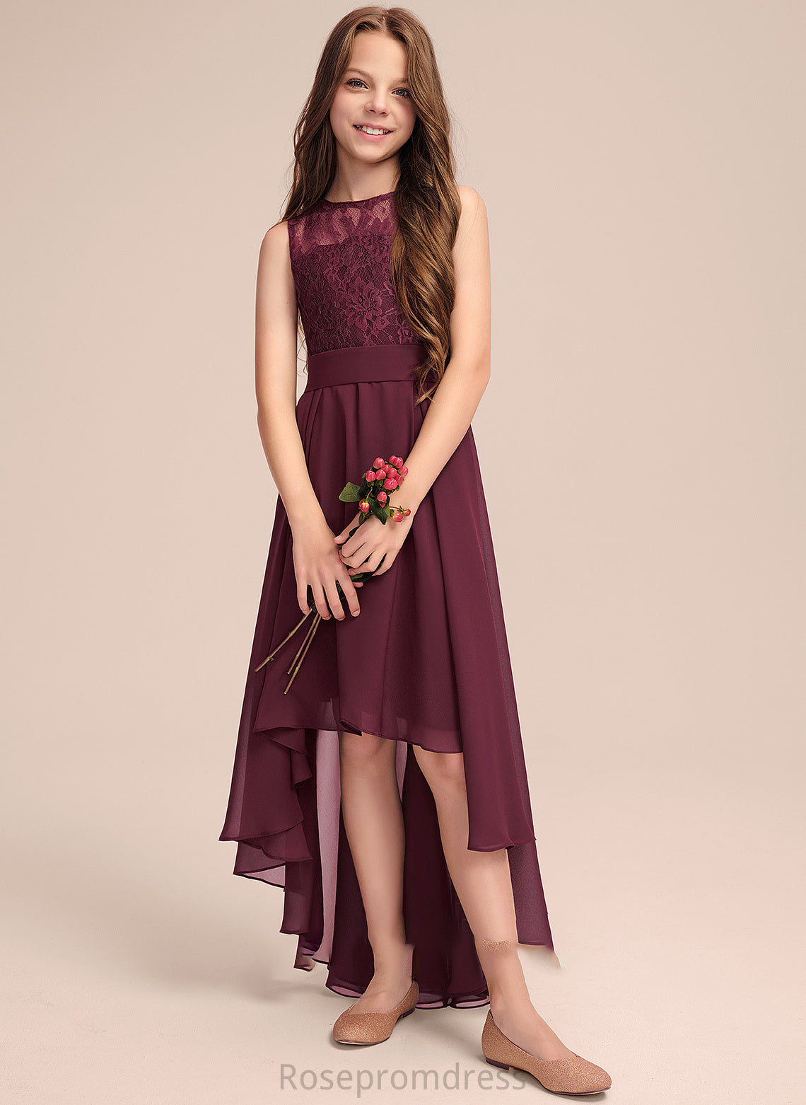 Janey A-Line Asymmetrical Neck Junior Bridesmaid Dresses Bow(s) Scoop Lace With Chiffon