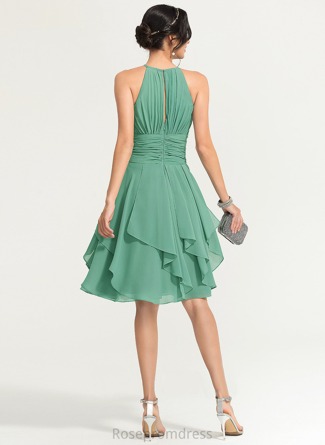 A-Line Dress Chiffon Cocktail Ruffle Ruffles Scoop Neck Knee-Length Viola With Cascading Cocktail Dresses