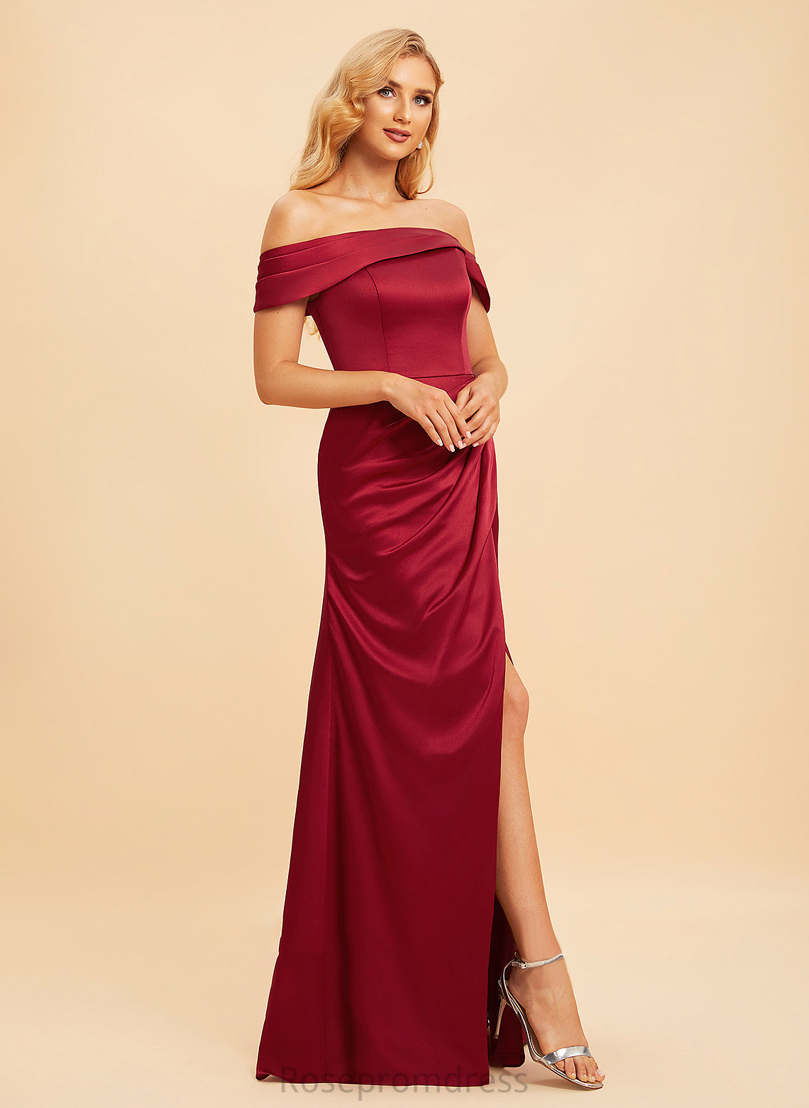 Silhouette A-Line SplitFront Neckline Off-the-Shoulder Embellishment Floor-Length Fabric Length Monica Bridesmaid Dresses