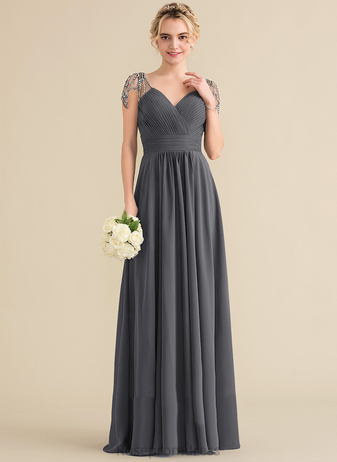 Pleated V-neck Fabric Floor-Length Sequins A-Line Beading Embellishment Length Neckline Silhouette Cassidy Bridesmaid Dresses