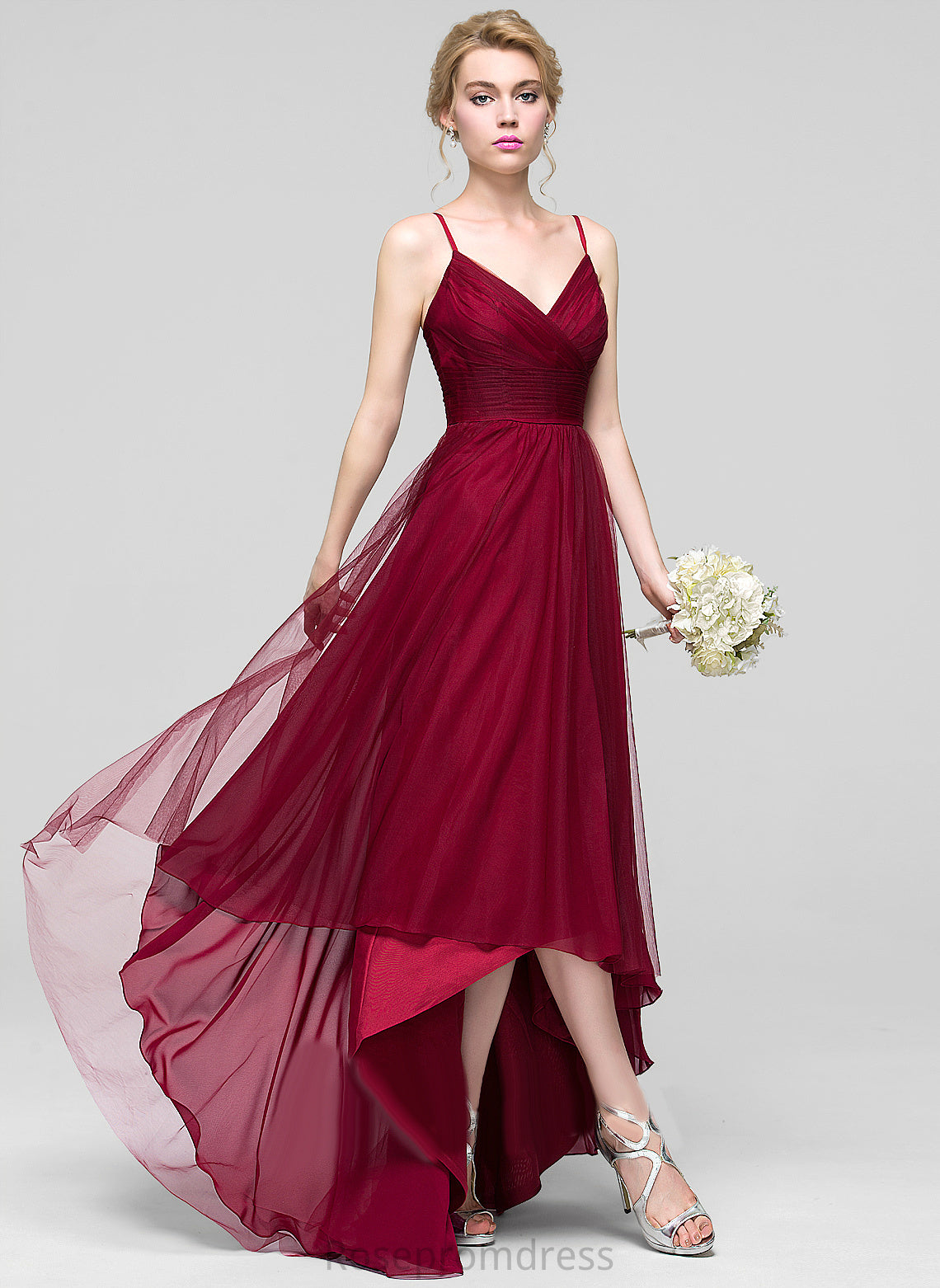 Neckline Embellishment Silhouette Fabric Length A-Line Ruffle Asymmetrical V-neck Lydia Bridesmaid Dresses