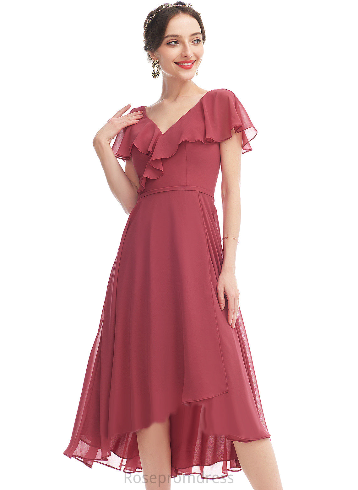 Janiyah V-neck Cocktail With Dress A-Line Cocktail Dresses Ruffle Chiffon Asymmetrical